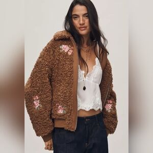 Anthropologie Floral Embroidered Sherpa Bomber Jacket